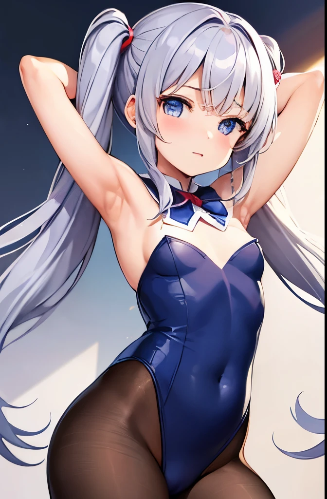 1 girl、solo、masterpiece、highest quality、silver hair、blue eyes、wavy hair、twin tails、red ribbon hair ornaments、slanted eyes、laughter、embarrassing、blush、flat chest、pantyhose、sailor suit、leotard High leg、leotard、sailor suit、white pantyhose、white tights luster、spread legs、stare at the camera、put your arms behind your head、show off your armpits、nipple、大きなnipple、lusterのあるleotard