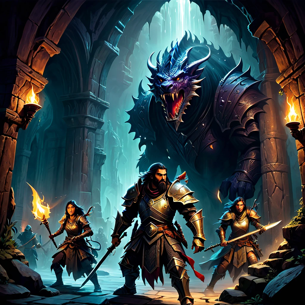 Dungeons & Dragons, aesthetic, dungeons and dragons, A group of adventurers exploring a mystical dungeon, illuminated by flickering torchlight, (dark and gloomy, mysterious ambiance). The walls are covered in intricate, ancient carvings, telling a story of long-lost civilizations. The air is thick with magical energy, shimmering and (mystical, enchanting). The adventurers wear (sturdy, battle-worn) armor, each carrying unique and powerful weapons. They cautiously proceed deeper into the dungeon, (with an air of determination, their hearts full of excitement and anticipation). Shadows dance and move in the corners, revealing lurking creatures hidden in the darkness. The sound of dripping water echoes through the cavern, adding to the eerie atmosphere. The adventurers face (ferocious, monstrous) creatures, engaging in intense battles filled with spells, slashing blades, and mighty blows. The scene is captured in a stunning (detailed, lifelike) painting, reminiscent of fantasy illustrations from role-playing games. The colors are rich and vibrant, portraying the vivid magic, the dark shadows, and the gleaming armor. The lighting is strategically placed, accentuating the highlights and creating a sense of depth. The overall quality of the artwork is (masterpiece:1.2), with incredible attention to detail, ensuring that every element is rendered with (realistic, photorealistic:1.37) precision.