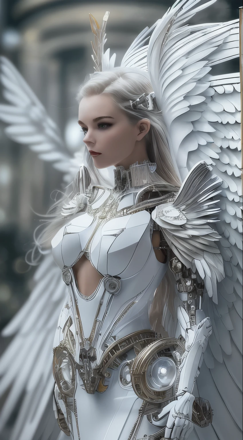 Close-up of a woman in a white dress with wings, full body angel, futuristic robot angel, amazing angel wings, angel knight gothic girl, angel in plastic armor, intricate costume designs, As a mysterious Valkyrie, Its whole body is made of white feathers,, futuristic and fantastic, white wings, beautiful angel wings, steampunk angel, beautiful cyborg angel girl, graceful wings