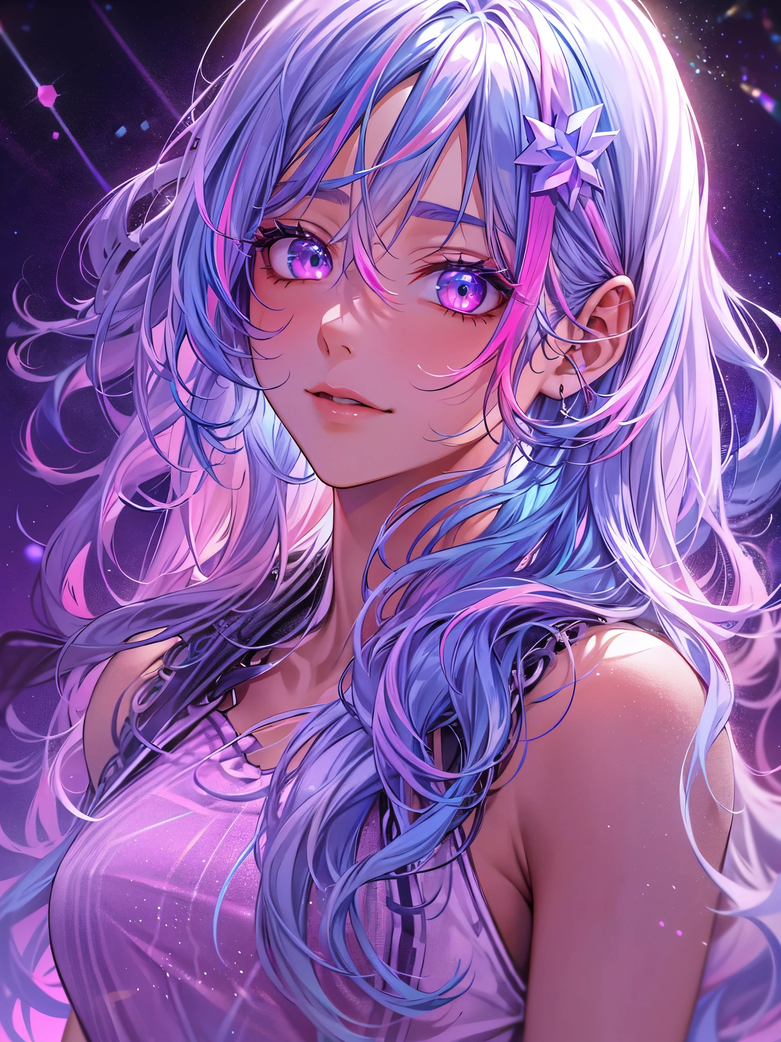 1 girl, 20 year old girl, one person, (Silver blue hair streaked pink purple:1.4), (Gradient sky blue hair ends:1.6), hair strand, absurdly long hair, single sidelock, wavy hair, shiny hair, floating hair, (Illusion deep purple eyes), delicate eyes, aqua eyes, High like real eyes, ((glowing eyes)), makeup, Focus on face, Very detailed facial, hot body, Random environment, Random pose, on the street, looking at the starry night sky, meteor, Technical clothing masterpiece, White extra long skirt, several cross stars beside, Colored lights swirl around the body, (((Extra super huge colorful extra super complex multiple glowing magic circle upright on the back of the head))), cyberpunk, full body shot, realism, chiaroscuro, (glowing light), sparkle, ray tracing, cinematic lighting, Futurism, motion blur, Ultra-Wide Angle, god rays, atmospheric perspective, best quality, UHD, super detail, masterpiece, highres, ccurate, retina