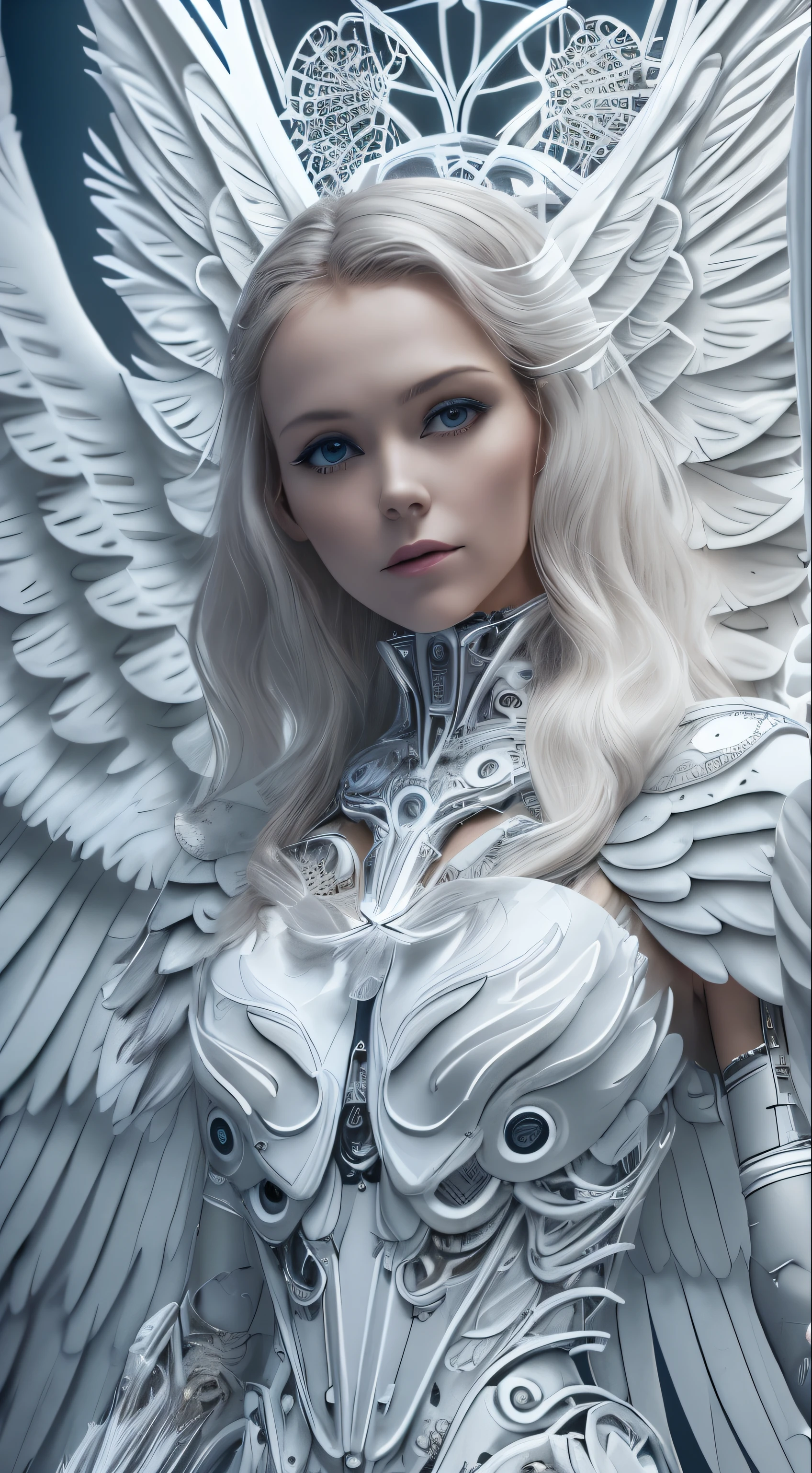 Close-up of a woman in a white dress with wings, full body angel, futuristic robot angel, amazing angel wings, angel knight gothic girl, angel in plastic armor, intricate costume designs, As a mysterious Valkyrie, Its whole body is made of white feathers,, futuristic and fantastic, white wings, beautiful angel wings, steampunk angel, beautiful cyborg angel girl, graceful wings