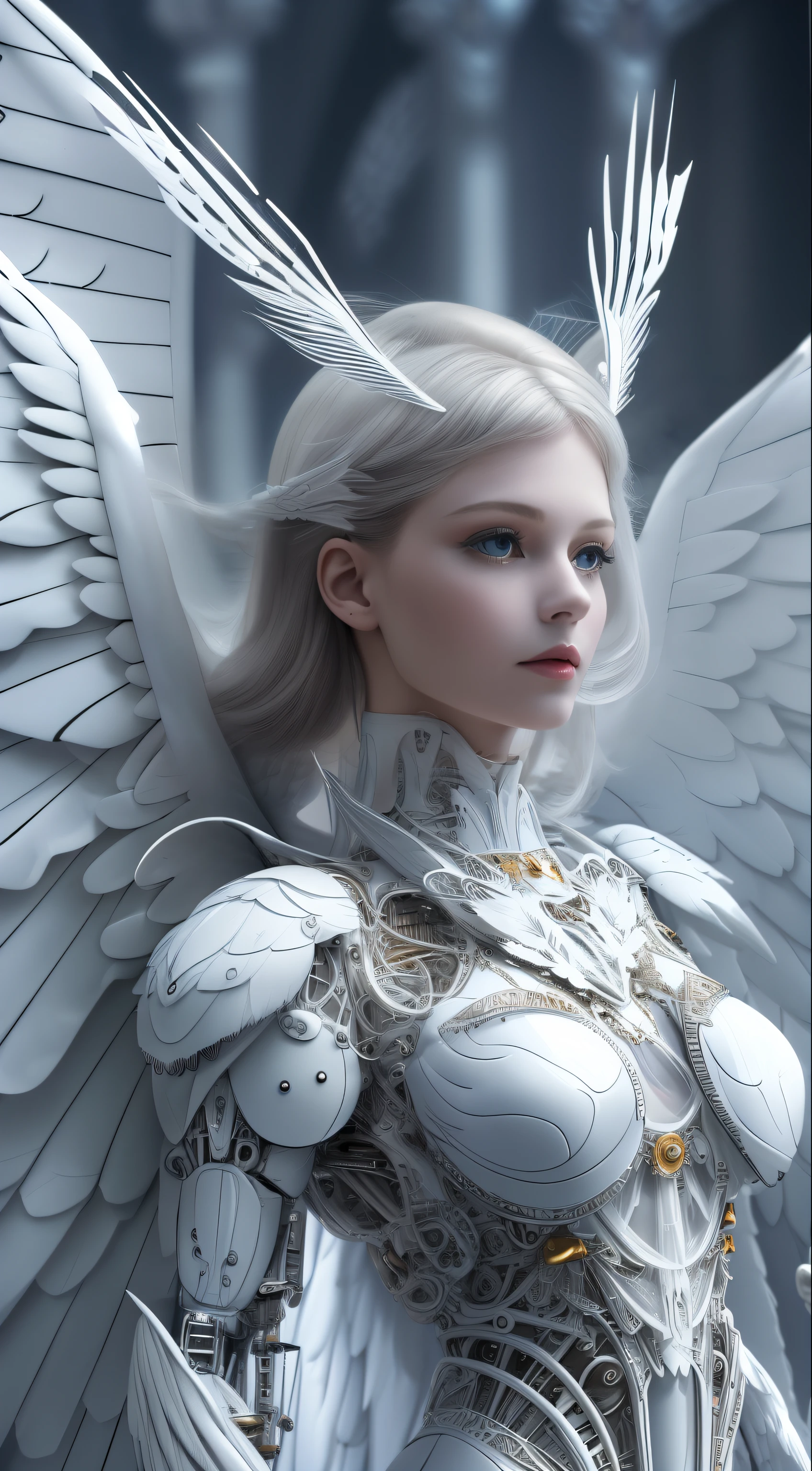 Close-up of a woman in a white dress with wings, full body angel, futuristic robot angel, amazing angel wings, angel knight gothic girl, angel in plastic armor, intricate costume designs, As a mysterious Valkyrie, Its whole body is made of white feathers,, futuristic and fantastic, white wings, beautiful angel wings, steampunk angel, beautiful cyborg angel girl, graceful wings