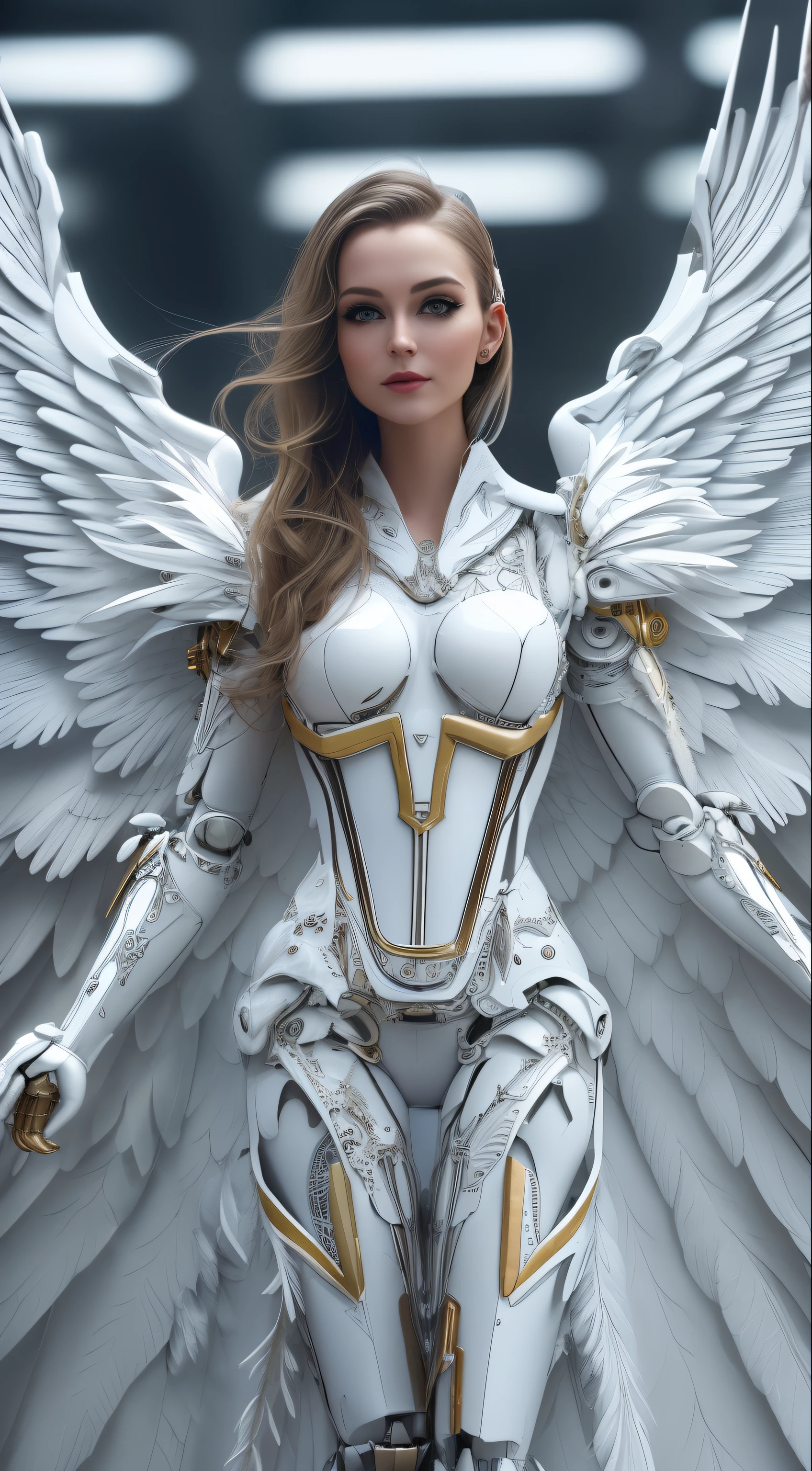 Close-up of a woman in a white dress with wings, full body angel, futuristic robot angel, amazing angel wings, angel knight gothic girl, angel in plastic armor, intricate costume designs, As a mysterious Valkyrie, Its whole body is made of white feathers,, futuristic and fantastic, white wings, beautiful angel wings, steampunk angel, beautiful cyborg angel girl, graceful wings