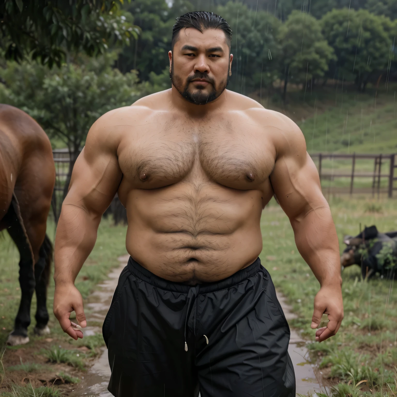 A short haired Mongolian man leading a horse on a rainy mogolian grassland,rain drops falling on his skin, mongol,Thick body hair, Strong masculine characteristics, sexy muscular body, partially male hairy torso,masculine and strong,sexy muscular upper body,Fat belly,light tan skin, robust stocky body, beefy, belly button showing, half man half asian black bear, potbelly, dad bod, half man half asian black bull, full body shot, background is mogolian landscape