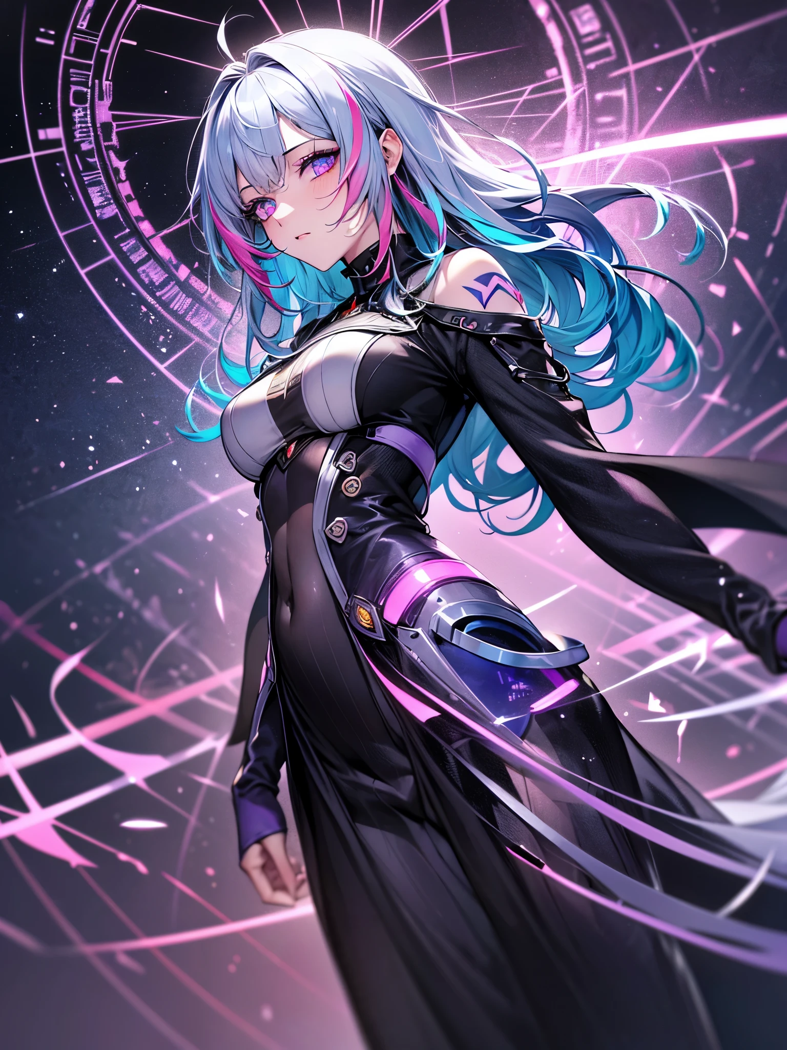 1 girl, 20 year old girl, one person, (Silver blue hair streaked pink purple:1.4), (Gradient sky blue hair ends:1.6), hair strand, absurdly long hair, single sidelock, wavy hair, shiny hair, floating hair, (Illusion deep purple eyes), delicate eyes, aqua eyes, High like real eyes, ((glowing eyes)), makeup, Focus on face, Very detailed facial, hot body, Random environment, Random pose, on the street, looking at the starry night sky, meteor, Technical clothing masterpiece, White extra long skirt, several cross stars beside, Colored lights swirl around the body, (((Extra super huge colorful extra super complex multiple glowing magic circle upright on the back of the head))), cyberpunk, full body shot, realism, chiaroscuro, (glowing light), sparkle, ray tracing, cinematic lighting, Futurism, motion blur, Ultra-Wide Angle, god rays, atmospheric perspective, best quality, UHD, super detail, masterpiece, highres, ccurate, retina