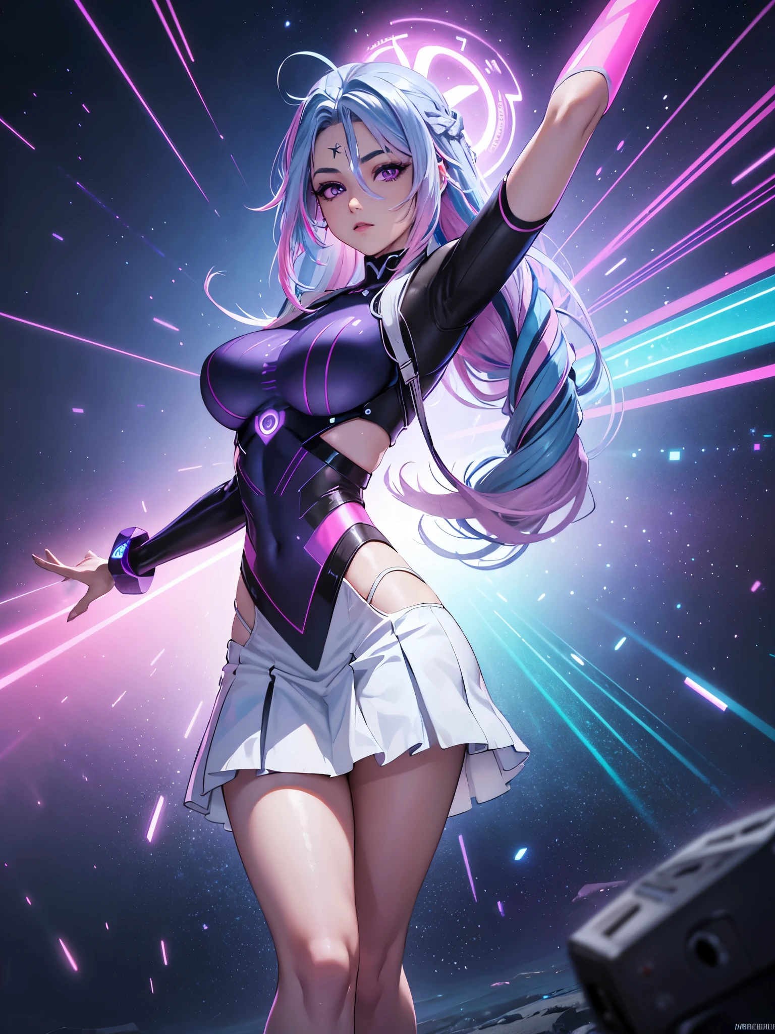 1 girl, 20 year old girl, one person, (Silver blue hair streaked pink purple:1.4), (Gradient sky blue hair ends:1.6), hair strand, absurdly long hair, single sidelock, wavy hair, shiny hair, floating hair, (Illusion deep purple eyes), delicate eyes, aqua eyes, High like real eyes, ((glowing eyes)), makeup, Focus on face, Very detailed facial, hot body, Random environment, Random pose, on the street, looking at the starry night sky, meteor, Technical clothing masterpiece, White extra long skirt, several cross stars beside, Colored lights swirl around the body, (((Extra super huge colorful extra super complex multiple glowing magic circle upright on the back of the head))), cyberpunk, full body shot, realism, chiaroscuro, (glowing light), sparkle, ray tracing, cinematic lighting, Futurism, motion blur, Ultra-Wide Angle, god rays, atmospheric perspective, best quality, UHD, super detail, masterpiece, highres, ccurate, retina
