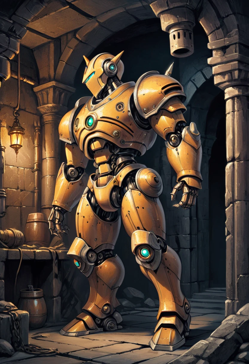 A robot adventurer in the dungeon, masterpiece, best quality, perfect composition, very aesthetic, absurdres, ultra-detailed, intricate details, Professional, official art, Representative work