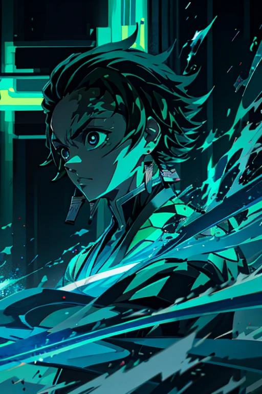 tanjiro wearing light green cyberpunk jacket, blue sword, blue fire and aura around him, cyberpunk theme, 4k, ultra sharp