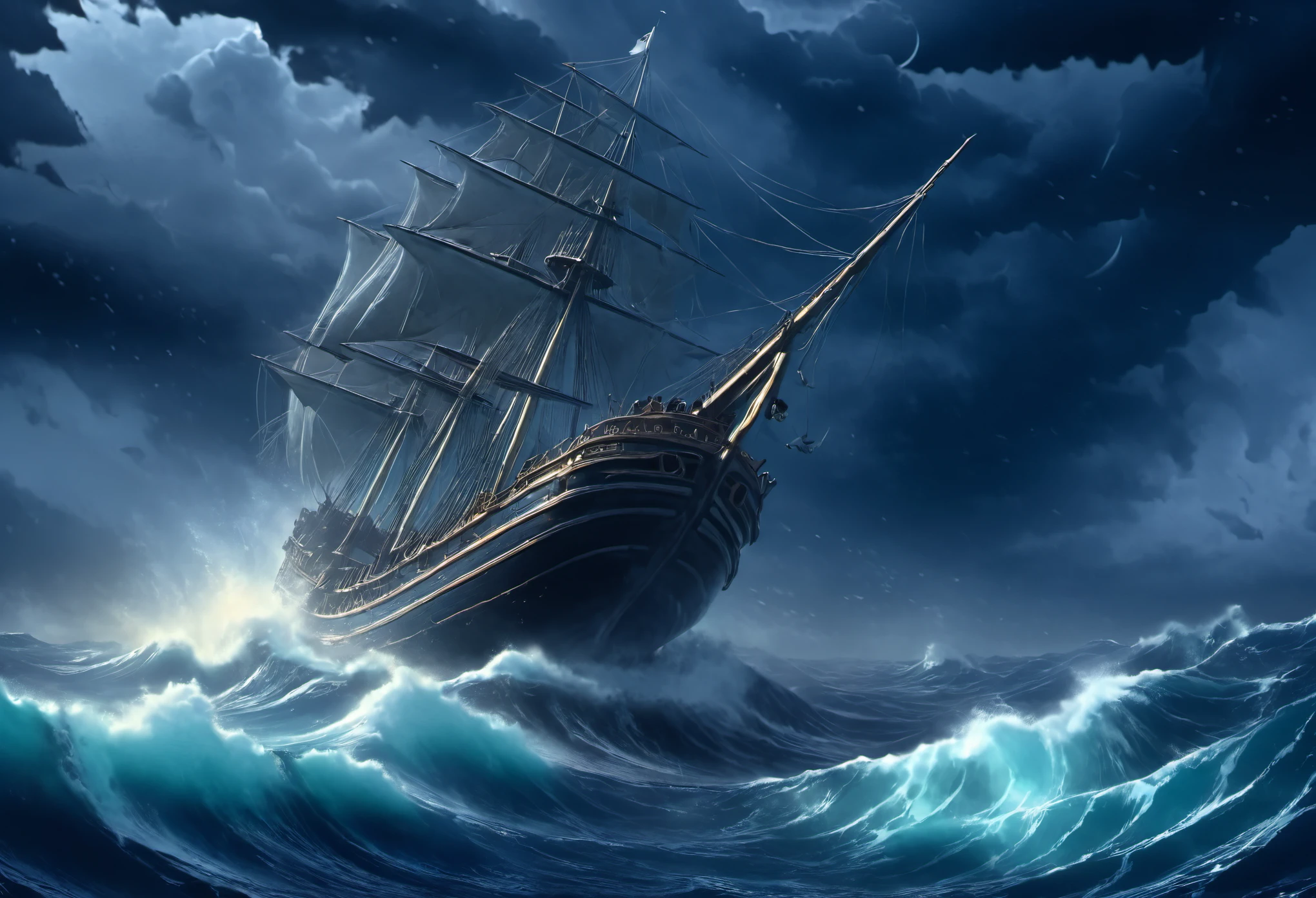 century ship 17 dragged by a large whale into the middle of the ocean, whaling boat,Sailing in the middle of a storm, Large wave,The night sky is filled with black clouds. There was a crescent moon among the clouds.,Dull light, Light streams down from the sky onto the sea.,ภาพVery realistic, Full-resolution images,vintage, ancient european style paintings,8K ,retro movies,Masterpiece, Very realistic,