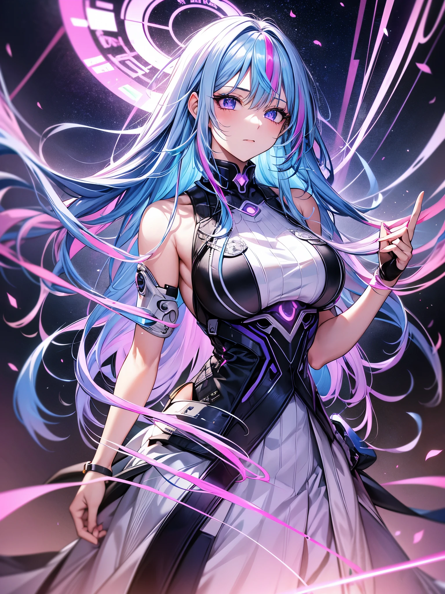 1 girl, 20 year old girl, one person, (Silver blue hair streaked pink purple:1.4), (Gradient sky blue hair ends:1.6), hair strand, absurdly long hair, single sidelock, wavy hair, shiny hair, floating hair, (Illusion deep purple eyes), delicate eyes, aqua eyes, High like real eyes, ((glowing eyes)), makeup, Focus on face, Very detailed facial, hot body, Random environment, Random pose, on the street, looking at the starry night sky, meteor, Technical clothing masterpiece, White extra long skirt, several cross stars beside, Colored lights swirl around the body, (((Extra super huge colorful extra super complex multiple glowing magic circle upright on the back of the head))), cyberpunk, full body shot, realism, chiaroscuro, (glowing light), sparkle, ray tracing, cinematic lighting, Futurism, motion blur, Ultra-Wide Angle, god rays, atmospheric perspective, best quality, UHD, super detail, masterpiece, highres, ccurate, retina