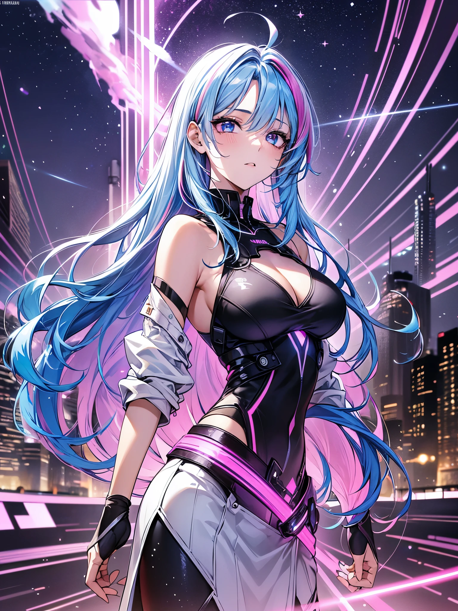1 girl, 20 year old girl, one person, (Silver blue hair streaked pink purple:1.4), (Gradient sky blue hair ends:1.6), hair strand, absurdly long hair, single sidelock, wavy hair, shiny hair, floating hair, (Illusion deep purple eyes), delicate eyes, aqua eyes, High like real eyes, ((glowing eyes)), makeup, Focus on face, Very detailed facial, hot body, Random environment, Random pose, on the street, looking at the starry night sky, meteor, Technical clothing masterpiece, White extra long skirt, several cross stars beside, Colored lights swirl around the body, (((Extra super huge colorful extra super complex multiple glowing magic circle upright on the back of the head))), cyberpunk, full body shot, realism, chiaroscuro, (glowing light), sparkle, ray tracing, cinematic lighting, Futurism, motion blur, Ultra-Wide Angle, god rays, atmospheric perspective, best quality, UHD, super detail, masterpiece, highres, ccurate, retina