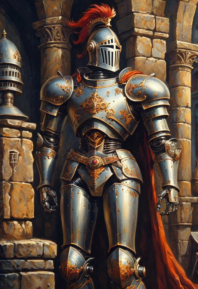 A Medieval Robot adventurer in the dungeon, masterpiece, best quality, perfect composition, very aesthetic, absurdres, ultra-detailed, intricate details, Professional, official art, Representative work