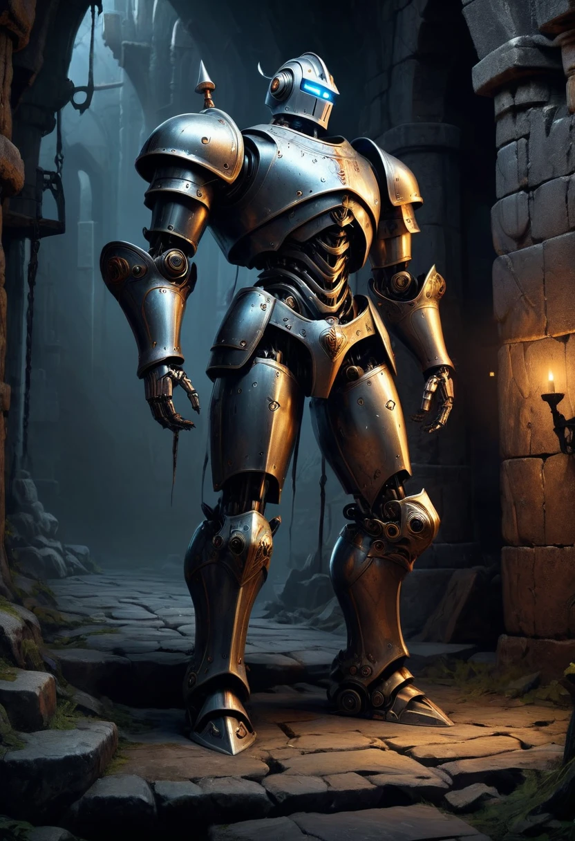 A Medieval Robot adventurer in the dark dungeon, masterpiece, best quality, perfect composition, very aesthetic, absurdres, ultra-detailed, intricate details, Professional, official art, Representative work