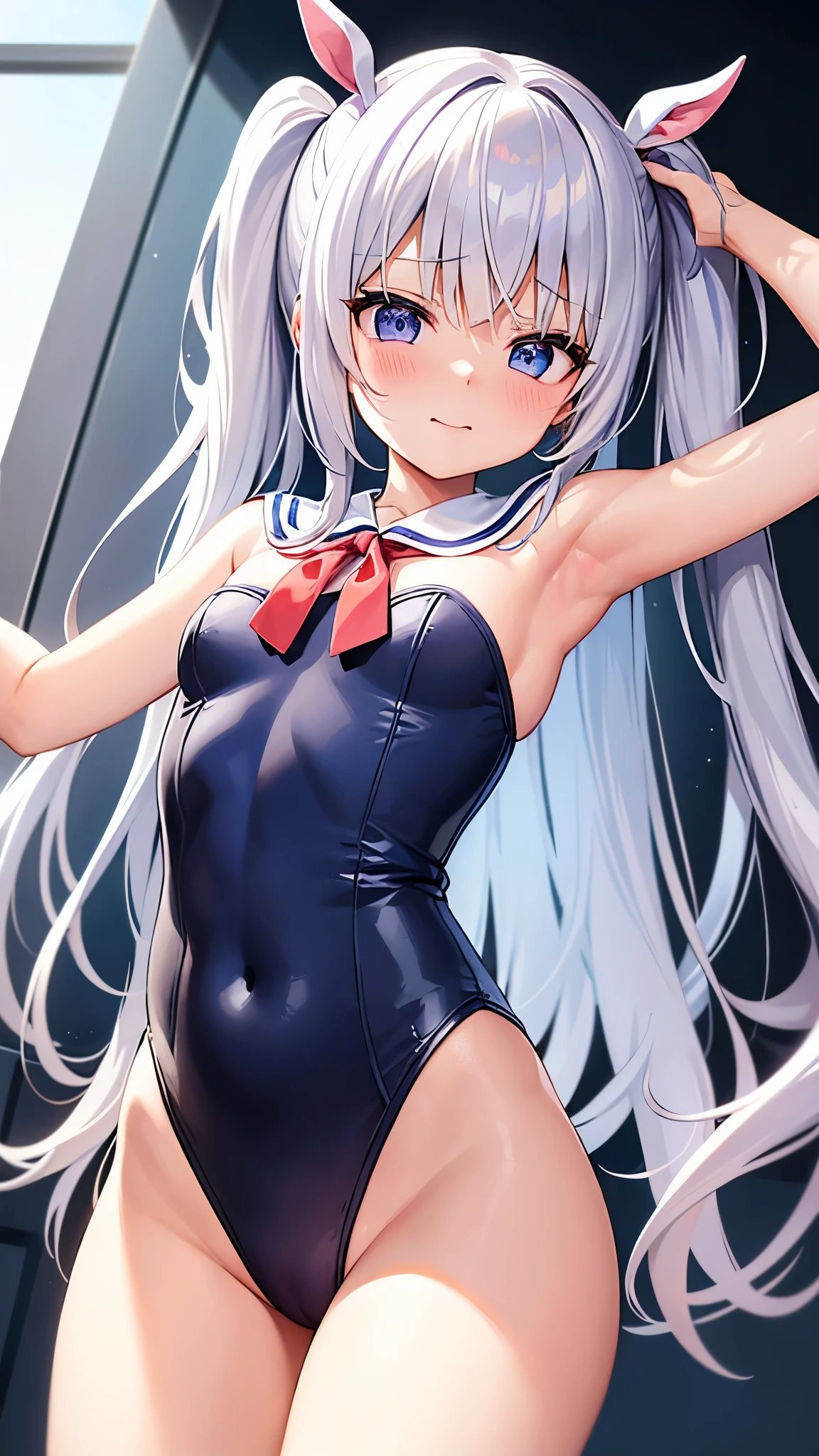 1 girl、solo、masterpiece、highest quality、silver hair、blue eyes、Eyes swirl、wavy hair、twin tails、red ribbon hair ornaments、slanted eyes、laughter、embarrassing、blush、flat chest、pantyhose、sailor suit、leotard High leg、leotard、sailor suit、white pantyhose、white tights luster、spread legs、stare at the camera、put your arms behind your head、show off your armpits、lusterのあるleotard