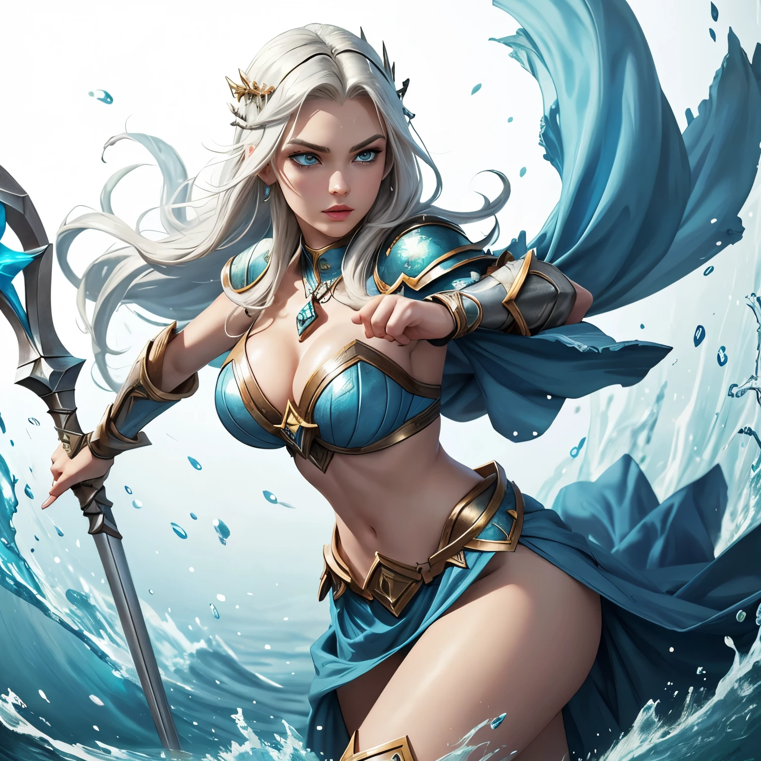 beautiful eyes, cleavage, , Blue armor, best quality, masterpiece, ultra high resolution, Extremely detailed eyes and face, Beautiful and delicate eyes,,(white background:1.2), ((masterpiece, best quality)),blue short hair,wheat colored skin,slender waist,Pictures from the waist up,accessories,(Goddess of the sea),(Holding Poseidon&#39;s Trident),Fighting stance,female war goddess,League of legends characters,warcraft blizzard weapon art，epic art,
