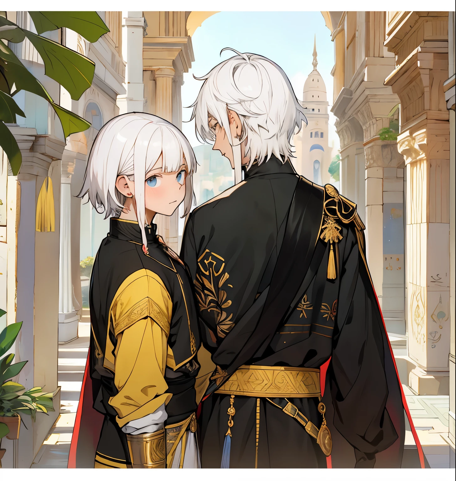 There are two young people, one is s old and the other is 16 yearmirando el uno al otro's caras y hablando con la boca abierta. , vocalizan palabras estan serios disgustados ambos tienen cabello blanco y ojos amarillos estan bestidos con trajes del antiguo egipto estan hablando sobre un plan secreto, en el fondo se ve palacios y edificios del antiguo egipto una hermos ciudad de fantasia