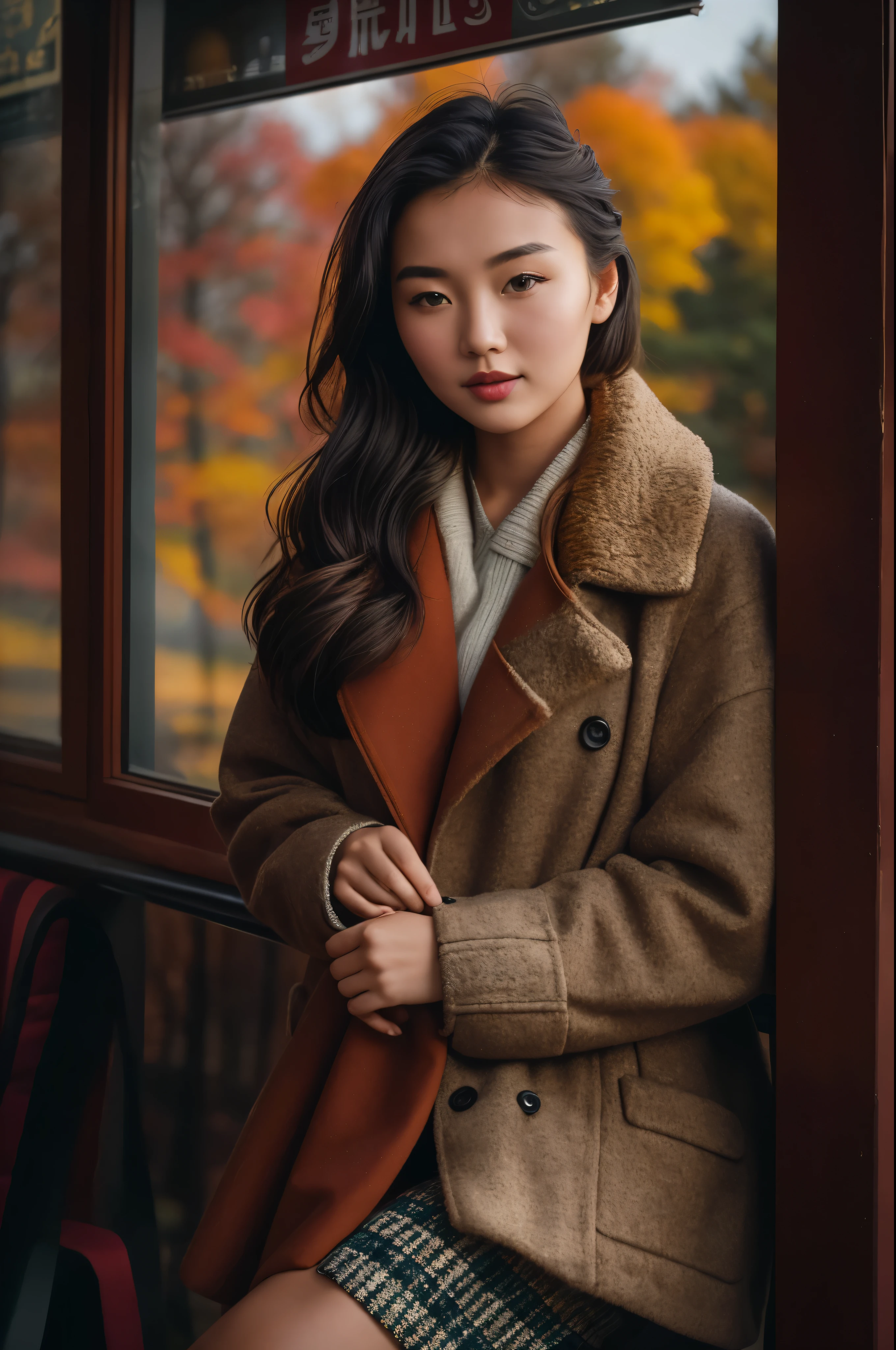 (Masterpiece), (Best quality), 8K resolution, 1 Mongolian girl, stunning beauty, perfect face, mature woman, 20 years old, autumn, (full body looking outside from cafe), coffee , autumn clothes, short coats, checked dresses, cinematic, low key, old film color, film photography