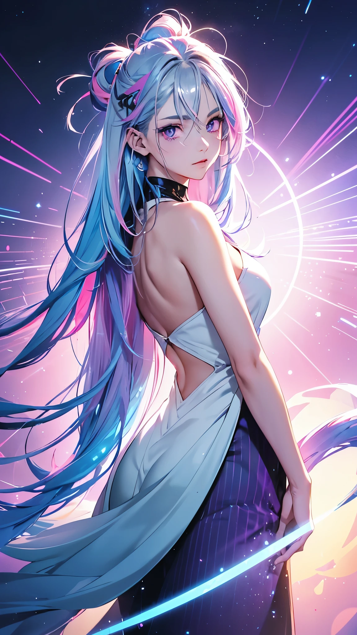 1 girl, 20 year old girl, one person, (Silver blue hair streaked pink purple:1.4), (Gradient sky blue hair ends:1.6), hair strand, absurdly long hair, single sidelock, wavy hair, shiny hair, floating hair, (Illusion deep purple eyes), delicate eyes, aqua eyes, High like real eyes, ((glowing eyes)), makeup, Focus on face, Very detailed facial, hot body, Random environment, Random pose, on the street, looking at the starry night sky, meteor, Technical clothing masterpiece, White extra long skirt, several cross stars beside, Colored lights swirl around the body, (((Extra super huge colorful extra super complex multiple glowing magic circle upright on the back of the head))), cyberpunk, full body shot, realism, chiaroscuro, (glowing light), sparkle, ray tracing, cinematic lighting, Futurism, motion blur, Ultra-Wide Angle, god rays, atmospheric perspective, best quality, UHD, super detail, masterpiece, highres, ccurate, retina