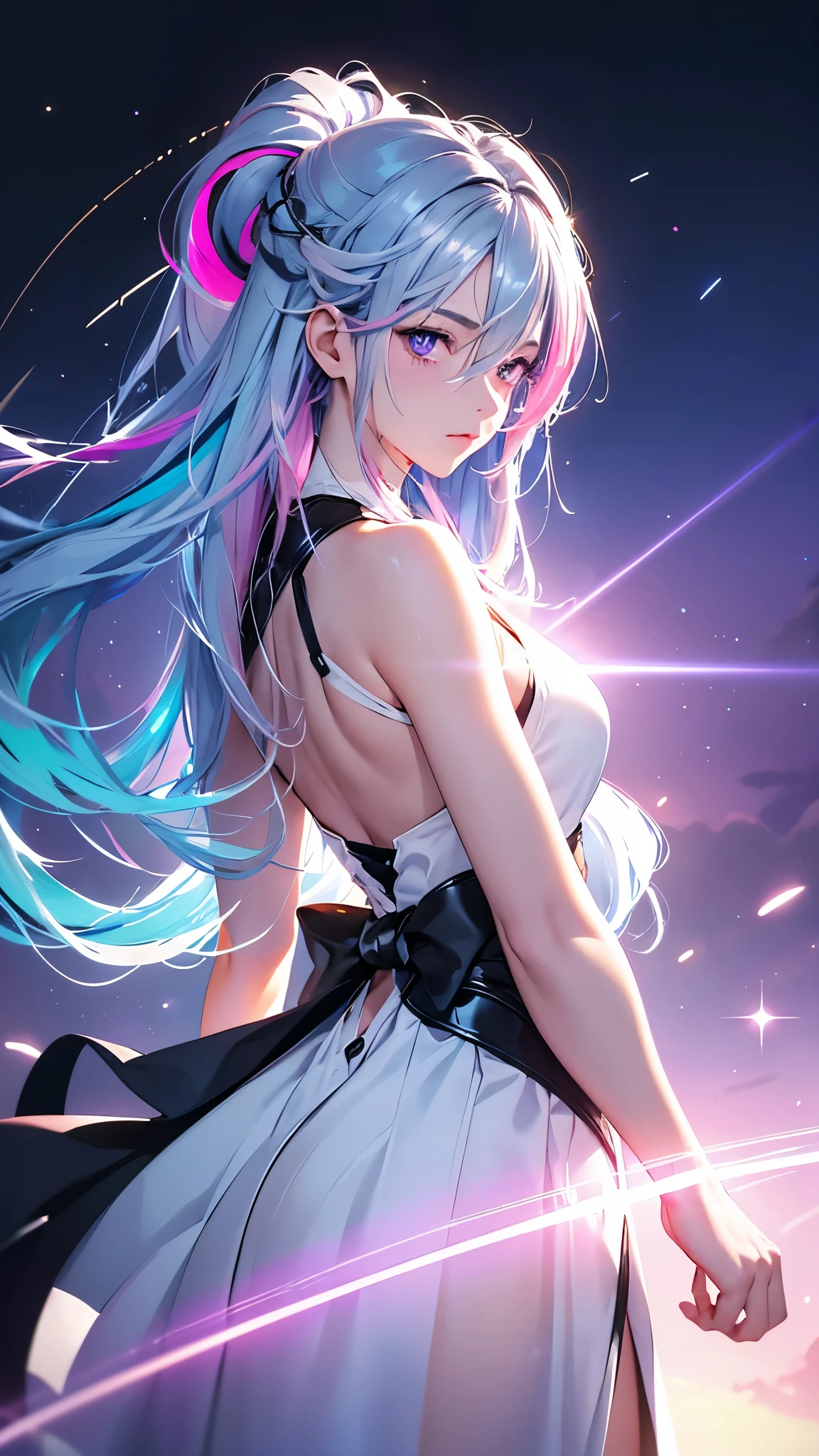 1 girl, 20 year old girl, one person, (Silver blue hair streaked pink purple:1.4), (Gradient sky blue hair ends:1.6), hair strand, absurdly long hair, single sidelock, wavy hair, shiny hair, floating hair, (Illusion deep purple eyes), delicate eyes, aqua eyes, High like real eyes, ((glowing eyes)), makeup, Focus on face, Very detailed facial, hot body, Random environment, Random pose, on the street, looking at the starry night sky, meteor, Technical clothing masterpiece, White extra long skirt, several cross stars beside, Colored lights swirl around the body, (((Extra super huge colorful extra super complex multiple glowing magic circle upright on the back of the head))), cyberpunk, full body shot, realism, chiaroscuro, (glowing light), sparkle, ray tracing, cinematic lighting, Futurism, motion blur, Ultra-Wide Angle, god rays, atmospheric perspective, best quality, UHD, super detail, masterpiece, highres, ccurate, retina