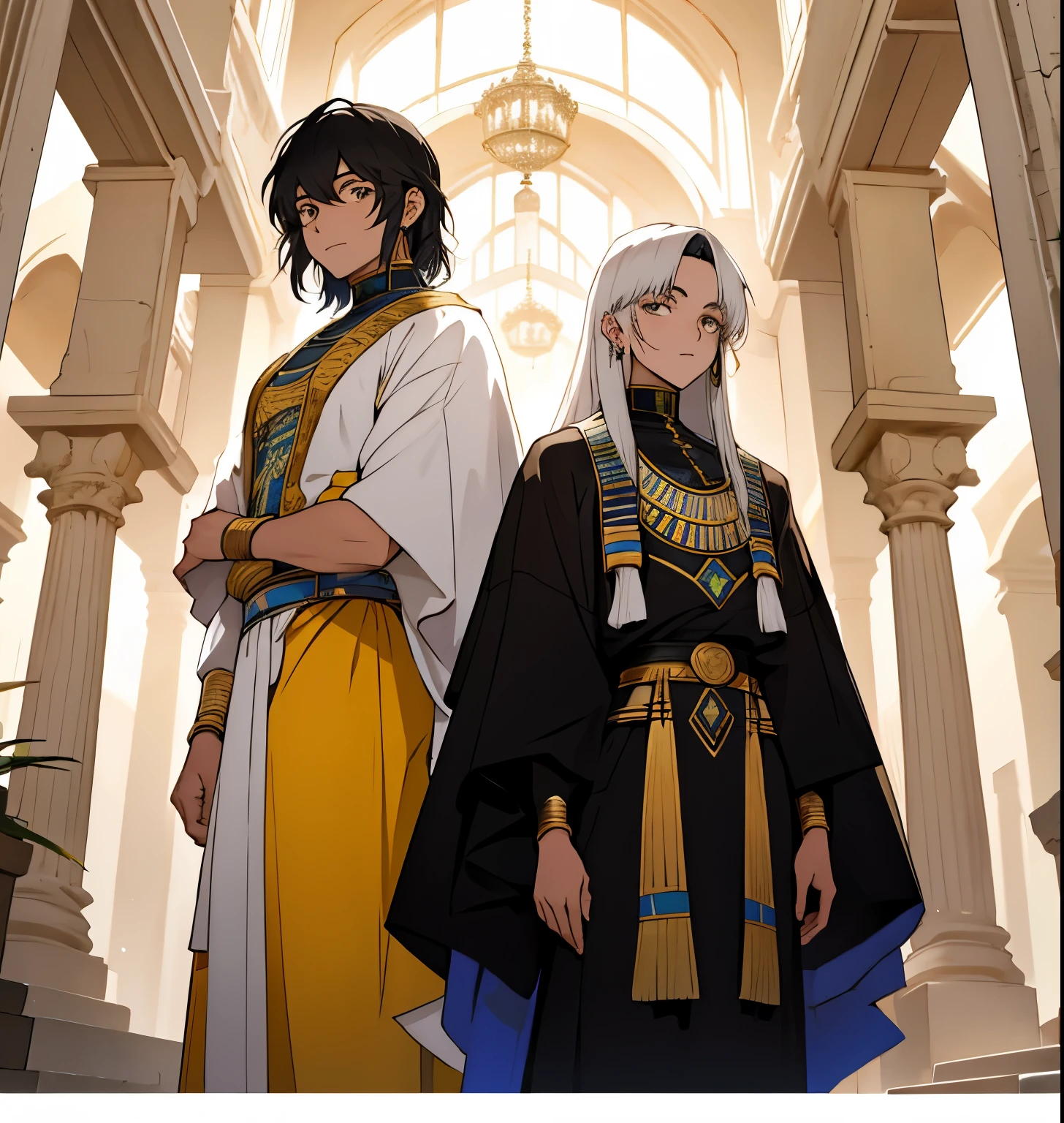 hay dos jovenes, one is 12 years old and the other is 16 years old, Ambos tienen cabello blanco y ojos amarillos., They are dressed in ancient Egyptian costumes., They are talking about a secret plan., en el fondo se ve  palacios y edificios del antiguo egipto una hermos ciudad de fantasia
