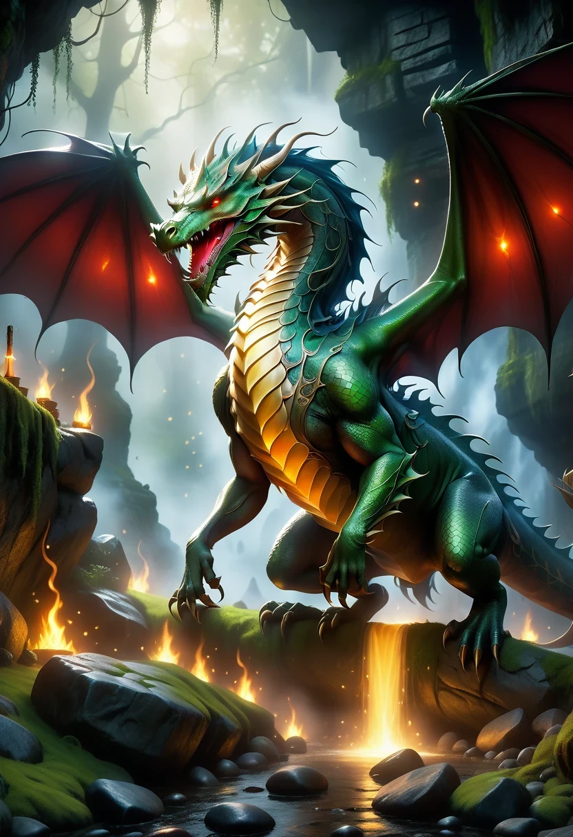 (best quality,4k,8k,highres,masterpiece:1.2),ultra-detailed,(realistic,photorealistic,photo-realistic:1.37),detailed dragon in a dungeon,medieval fantasy,torch-lit underground cavern,ancient stone walls,smoky atmosphere,gleaming treasure,adventurous heroes,battle-ready knight,ominous red eyes,dark and mysterious,dragon's scales and wings,gold coins and jewels,thick chains and rusty shackles,misty breath and fiery flames,dramatic lighting,lush green moss and lichen-covered floor,mythical creatures lurking in the shadows,ancient runes and inscriptions,epic quest for glory and treasure