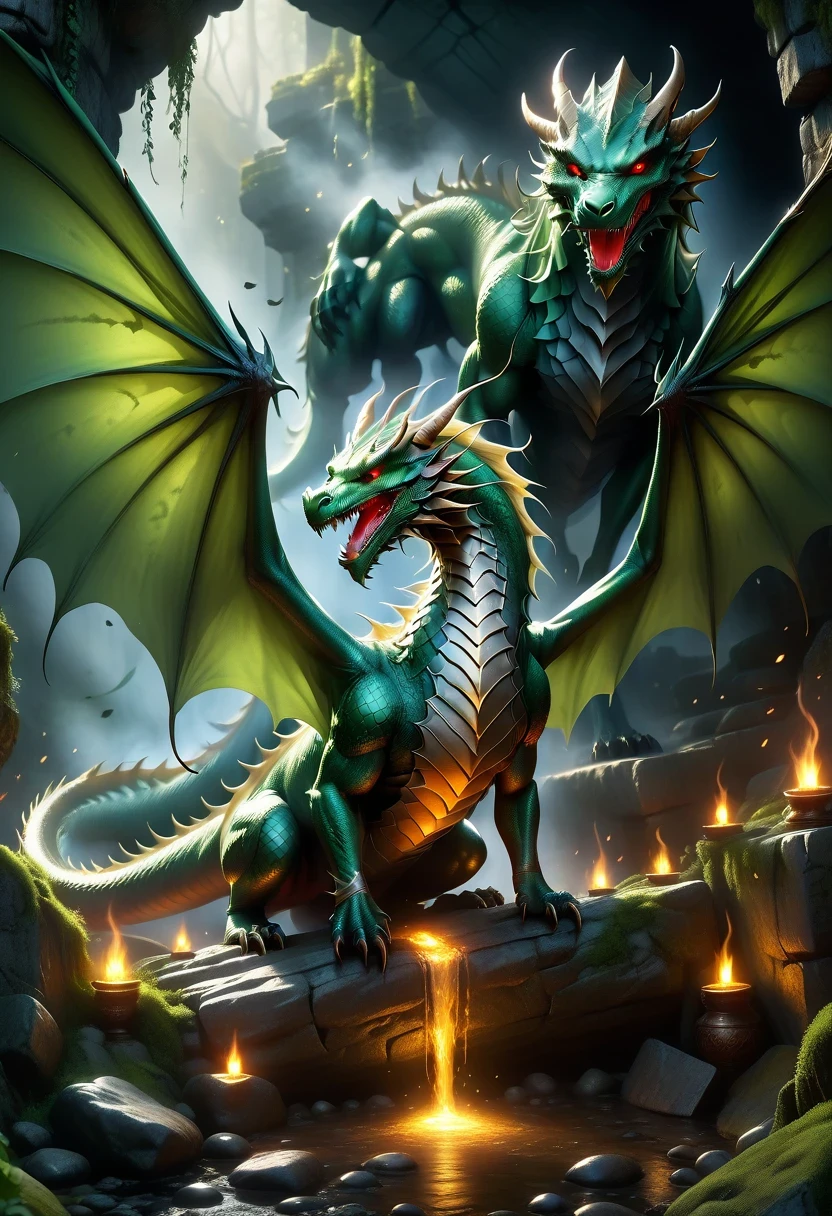 (best quality,4k,8k,highres,masterpiece:1.2),ultra-detailed,(realistic,photorealistic,photo-realistic:1.37),detailed dragon in a dungeon,medieval fantasy,torch-lit underground cavern,ancient stone walls,smoky atmosphere,gleaming treasure,adventurous heroes,battle-ready knight,ominous red eyes,dark and mysterious,dragon's scales and wings,gold coins and jewels,thick chains and rusty shackles,misty breath and fiery flames,dramatic lighting,lush green moss and lichen-covered floor,mythical creatures lurking in the shadows,ancient runes and inscriptions,epic quest for glory and treasure