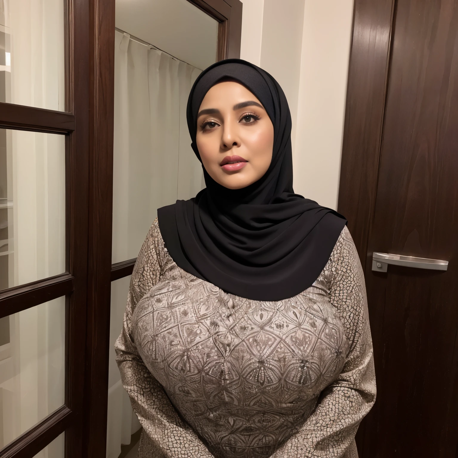 56 years Old, ((Hijab Crazy Rich Pakistani n mature woman)), Big Round  : 46.9, Luxury Seethe Dress, curvy body, Breast about To burst out from her clothes, at doctor office, Dark light, at Nighttime.