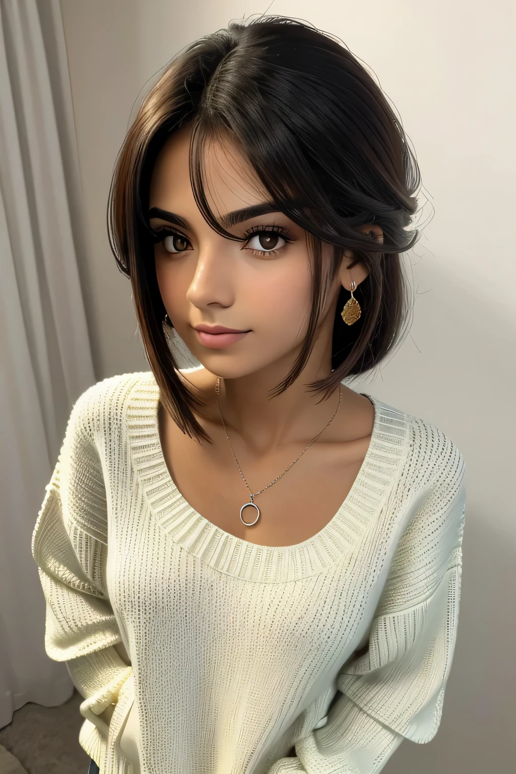 1 garota em, 19 anos, Sozinho, cabelo longo, Colossal , olhando para o espectador, cabelo loiro, Ombros nus, olhos castanhos, jewelry, corpo todo, um colar, fora dos ombros, Sweaters, realista, Uma sexy
