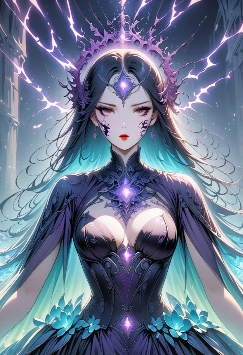 (Bald:1.5),red witch,Patterns on the face,She casts powerful purple lightning magic,vine,Weird,Enchantment,,Gothic,Surrealism,dark magic