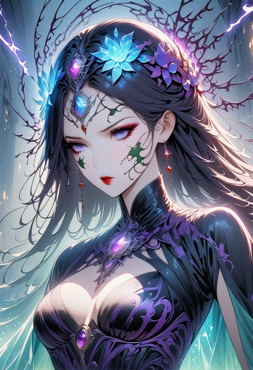 Bald,red witch,Patterns on the face,She casts powerful purple lightning magic,vine,Weird,Enchantment,,Gothic,Surrealism,dark magic