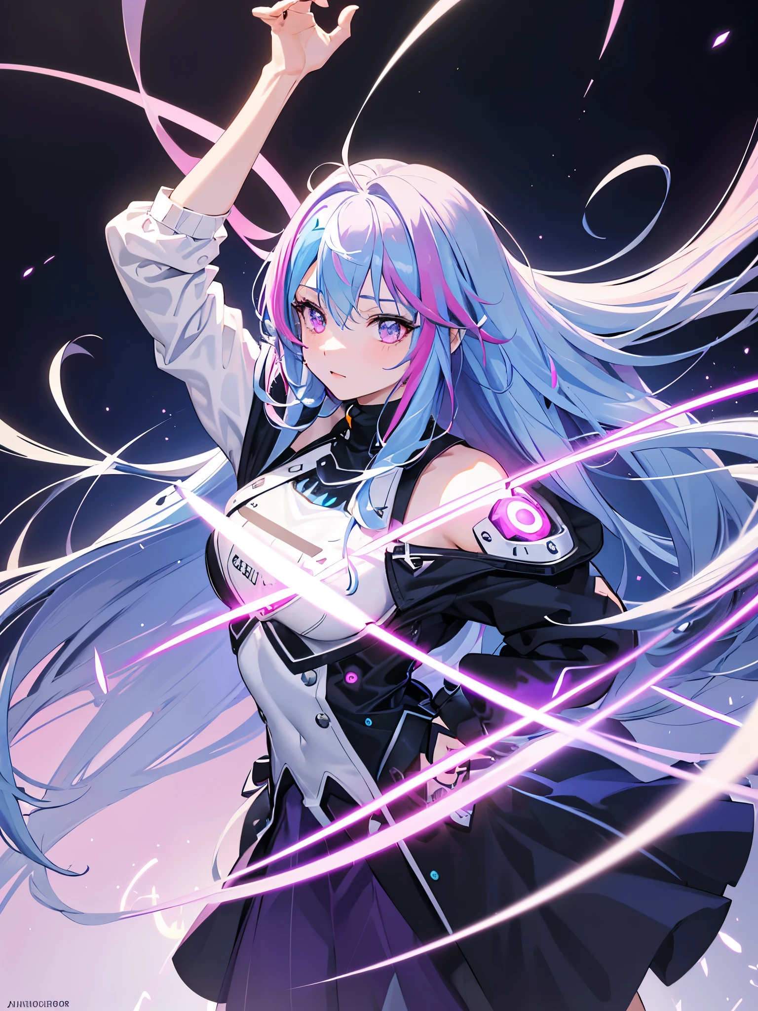 1 girl, 20 year old girl, one person, (Silver blue hair streaked pink purple:1.4), (Gradient sky blue hair ends:1.6), hair strand, absurdly long hair, single sidelock, wavy hair, shiny hair, floating hair, (Illusion deep purple eyes), delicate eyes, aqua eyes, High like real eyes, ((glowing eyes)), makeup, Focus on face, Very detailed facial, hot body, Random environment, Random pose, on the street, looking at the starry night sky, meteor, Technical clothing masterpiece, White extra long skirt, several cross stars beside, Colored lights swirl around the body, (((Extra super huge colorful extra super complex multiple glowing magic circle upright on the back of the head))), cyberpunk, full body shot, realism, chiaroscuro, (glowing light), sparkle, ray tracing, cinematic lighting, Futurism, motion blur, Ultra-Wide Angle, god rays, atmospheric perspective, best quality, UHD, super detail, masterpiece, highres, ccurate, retina