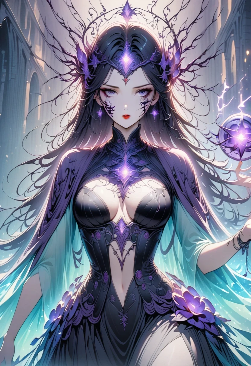 Bald,red witch,Patterns on the face,She casts powerful purple lightning magic,vine,Weird,Enchantment,,Gothic,Surrealism,dark magic