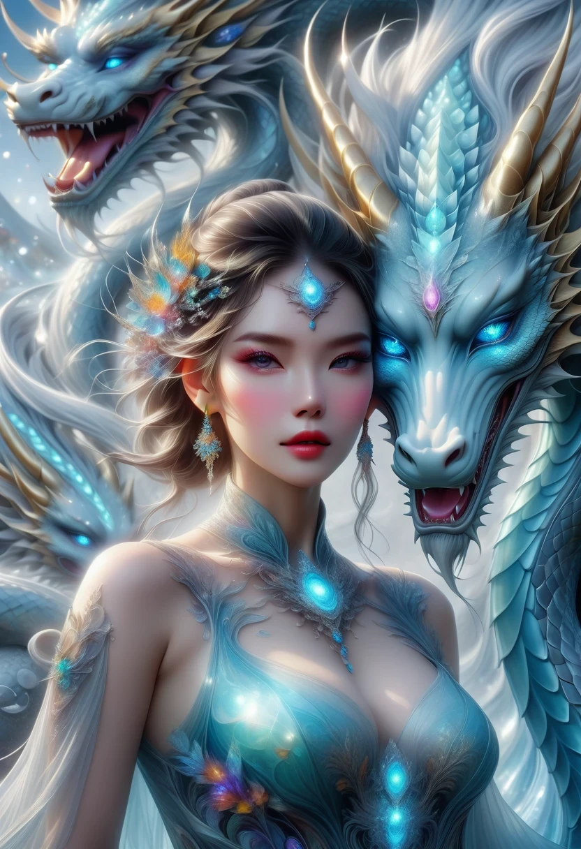 *8k masterpiece, top quality, best quality, official art, (Beauty and Aesthetics: 1.3), Very detailed, (fractal art: 1.3), rich and colorful, ice and dragon, and 1 Woman, women's media,