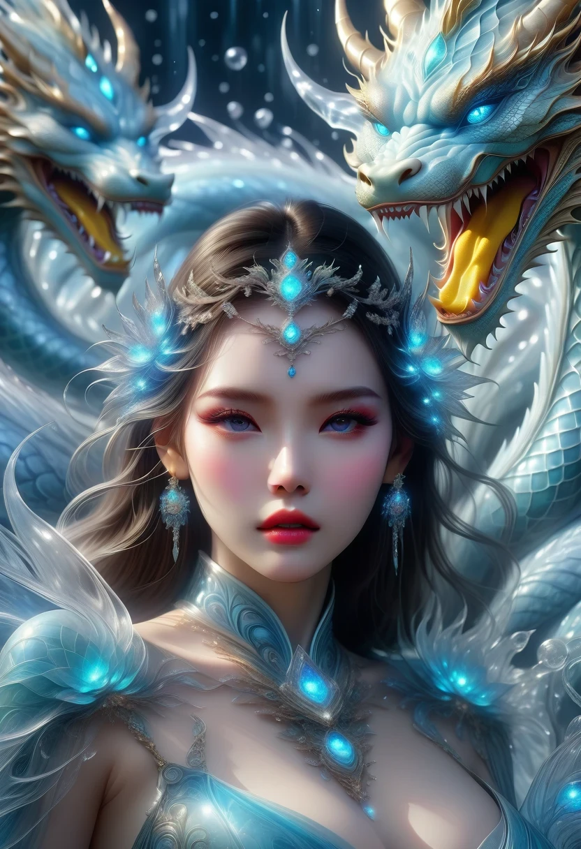 *8k masterpiece, top quality, best quality, official art, (Beauty and Aesthetics: 1.3), Very detailed, (fractal art: 1.3), rich and colorful, ice and dragon, and 1 Woman, women's media,