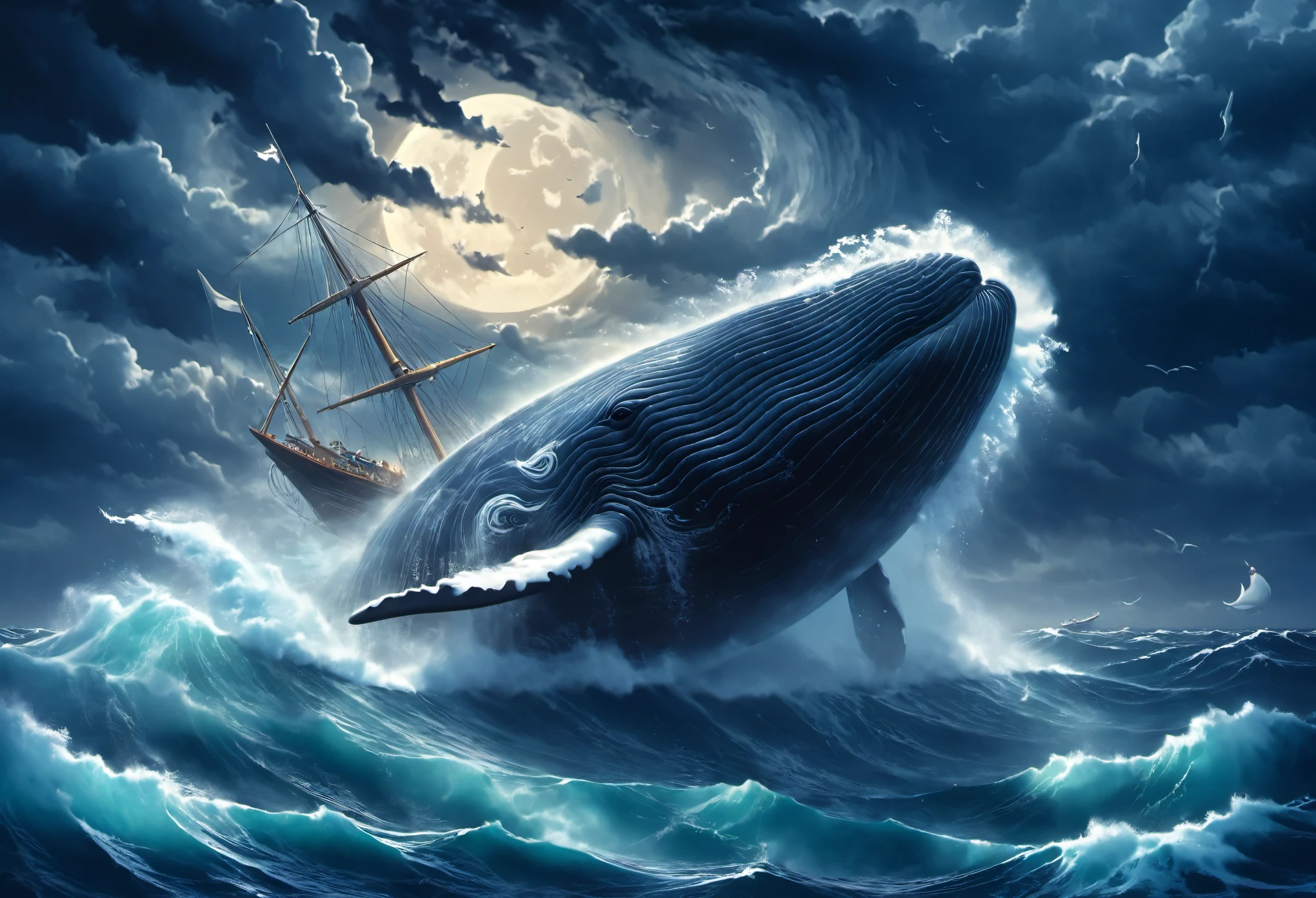 big whale, Towing a sailboat in the middle of the ocean,,Sailing in the middle of a storm, Large wave,The night sky is filled with black clouds. There was a crescent moon among the clouds.,Dull light, Light streams down from the sky onto the sea.,ภาพVery realistic, Full-resolution images,vintage, ancient european style paintings,8K ,retro movies,Masterpiece, Very realistic,