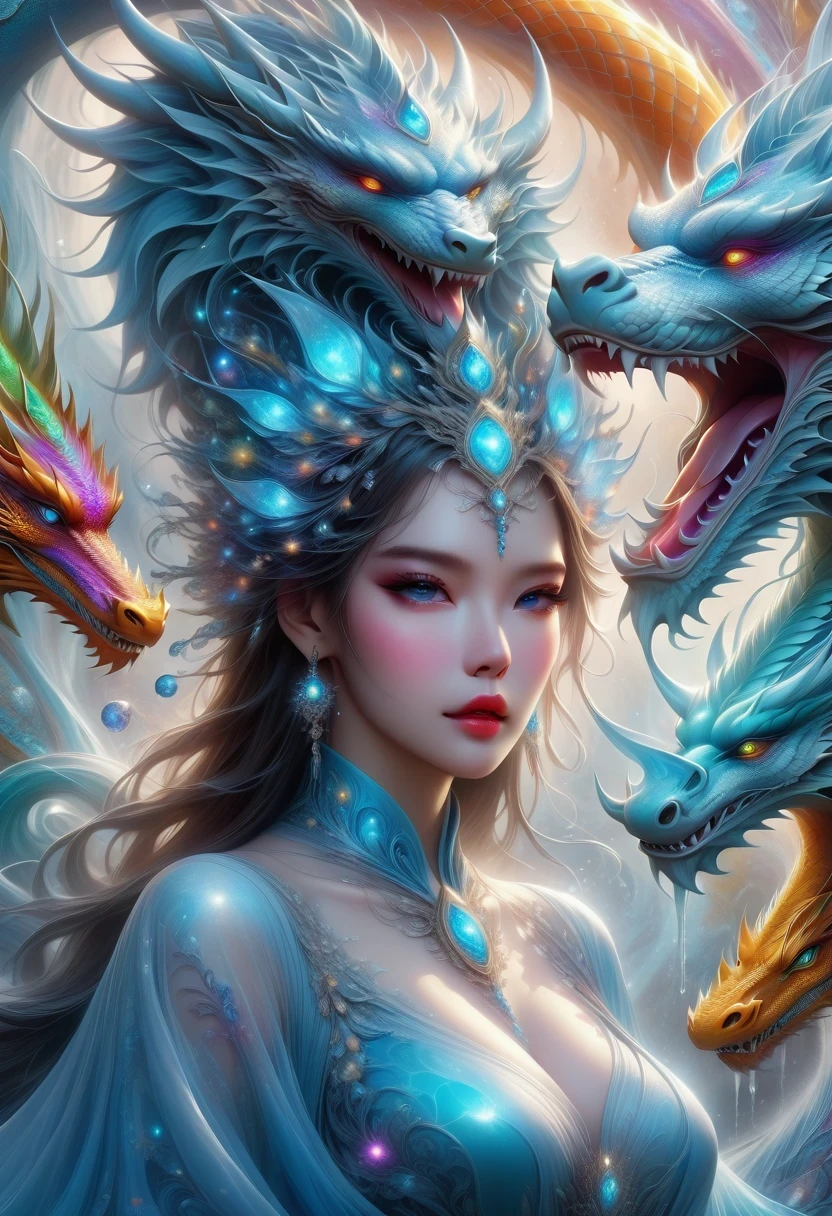 *8k masterpiece, top quality, best quality, official art, (Beauty and Aesthetics: 1.3), Very detailed, (fractal art: 1.3), rich and colorful, ice and dragon, and 1 Woman, women's media,