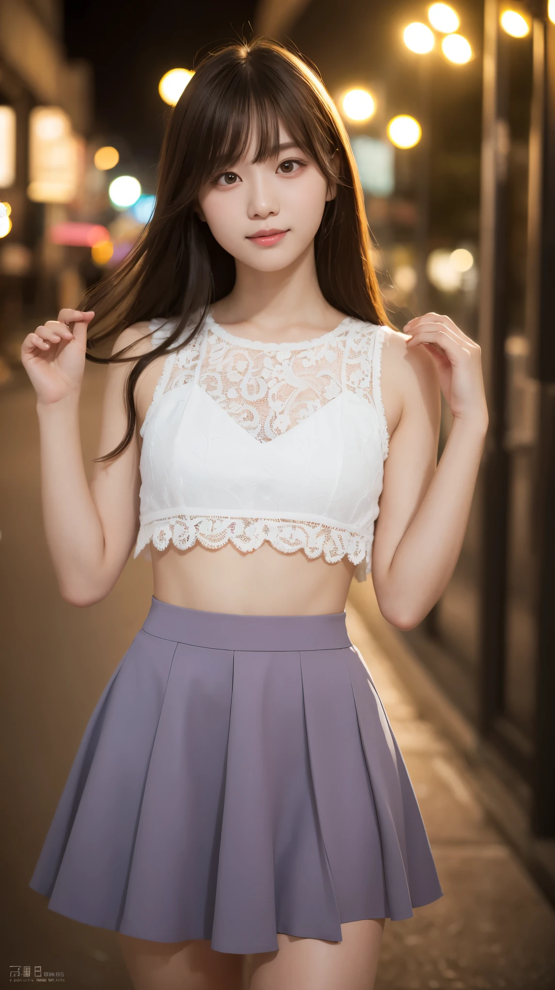 masterpiece, highest quality, 8K, , teen uncensored, Raw photo, absurd, award winning portrait, alone, night, neon light, idol face, viola lace, gardenia, delicate girl,Digital single-lens reflex camera, show viewer, Frank, Sophisticated,Upper body, like々new, smile, thin arms, small shoulders,professional lighting, film grain, color difference, shortcut,double eyelid,thin neck,(small eyes and face:1.0), (Bokeh:1.1),revealing clothes,((micro skirt:1.2)),short skirt,mini skirt,beautiful thighs,