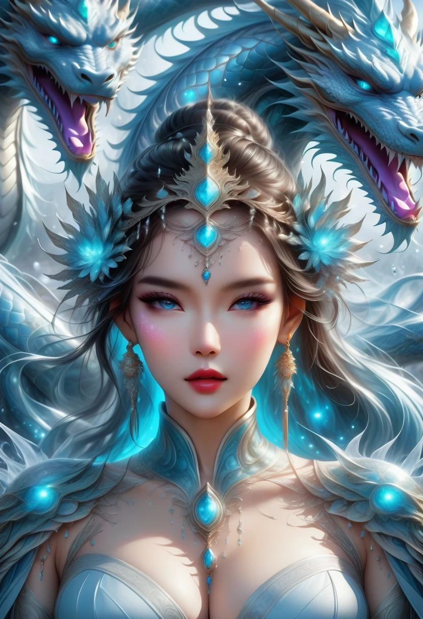 *8k masterpiece, top quality, best quality, official art, (Beauty and Aesthetics: 1.3), Very detailed, (fractal art: 1.3), rich and colorful, ice and dragon, and 1 Woman, women&#39;s media, 