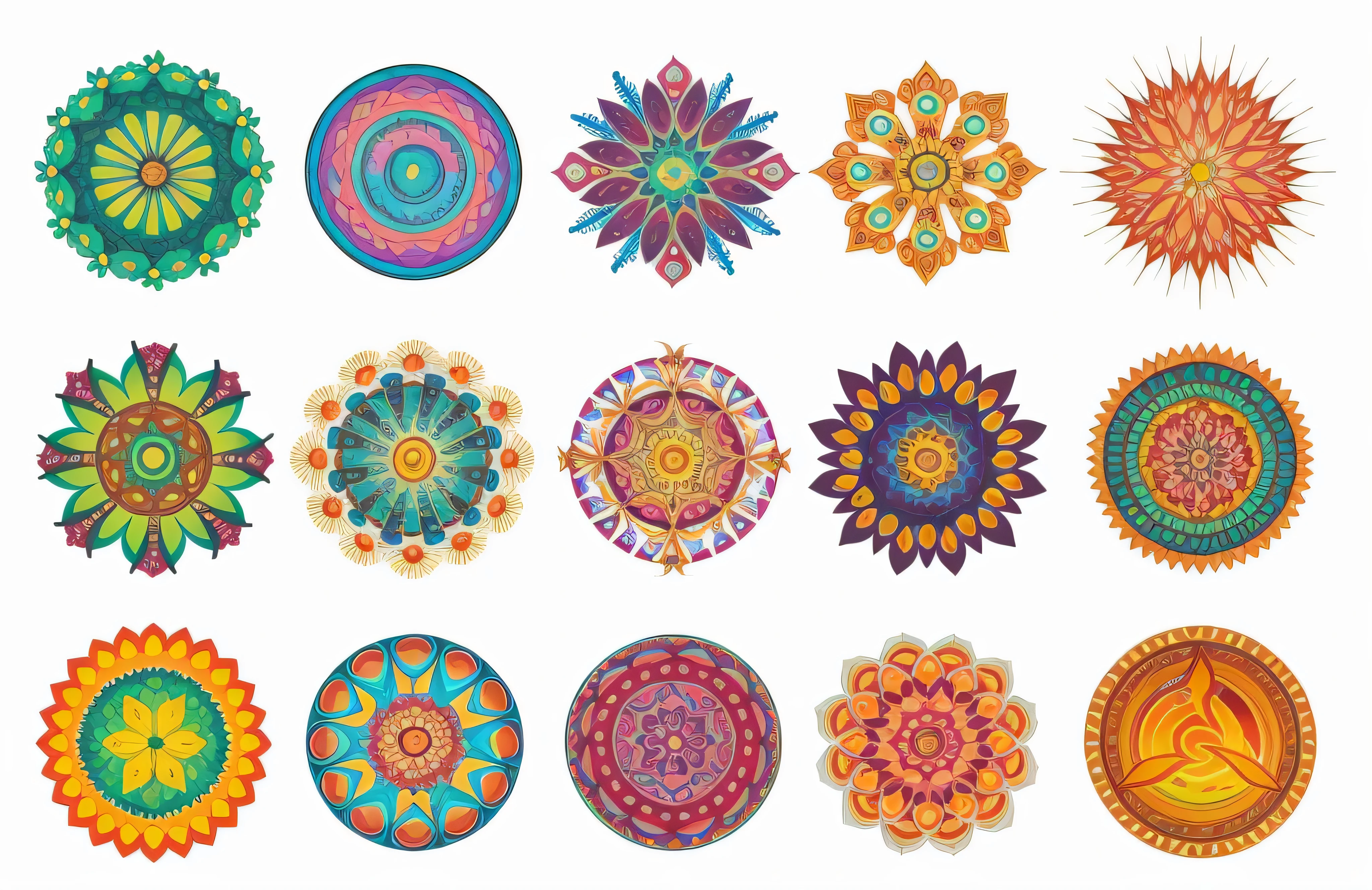 a close up of a bunch of different colored flowers on a white background, flower power motifs, hippie motifs, mandalas, psychedelic patterns, round elements, psychedelic floral planets, mandala art, colorful mandala, colorful refractive adornments, colorful patterns, intricate flower designs, hindu ornaments, stylized geometric flowers, psychedelic style, intricate psychedelic patterns