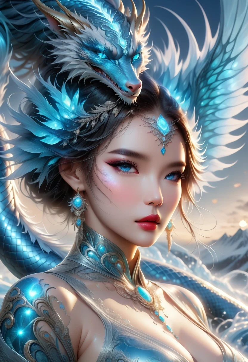 *8k masterpiece, top quality, best quality, official art, (Beauty and Aesthetics: 1.3), Very detailed, (fractal art: 1.3), rich and colorful, ice and dragon, and 1 Woman, women&#39;s media, 