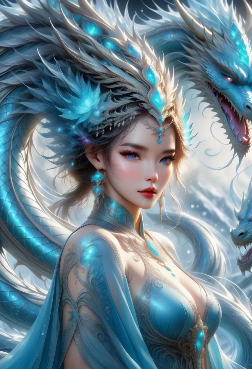 *8k masterpiece, top quality, best quality, official art, (Beauty and Aesthetics: 1.3), Very detailed, (fractal art: 1.3), rich and colorful, ice and dragon, and 1 Woman, women&#39;s media, 