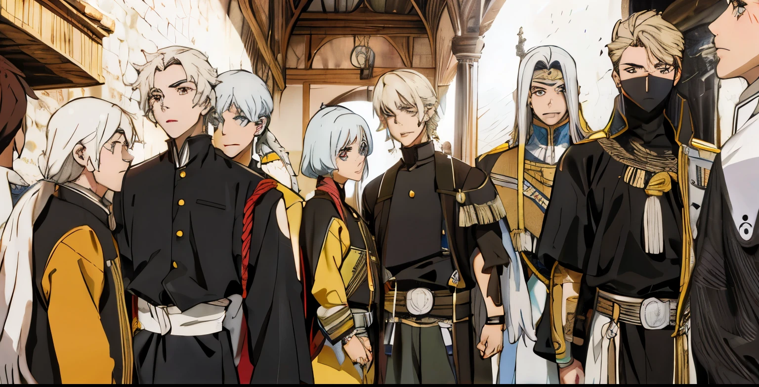 hay un grupo de chicos con cabello blanco y ojos amarillos