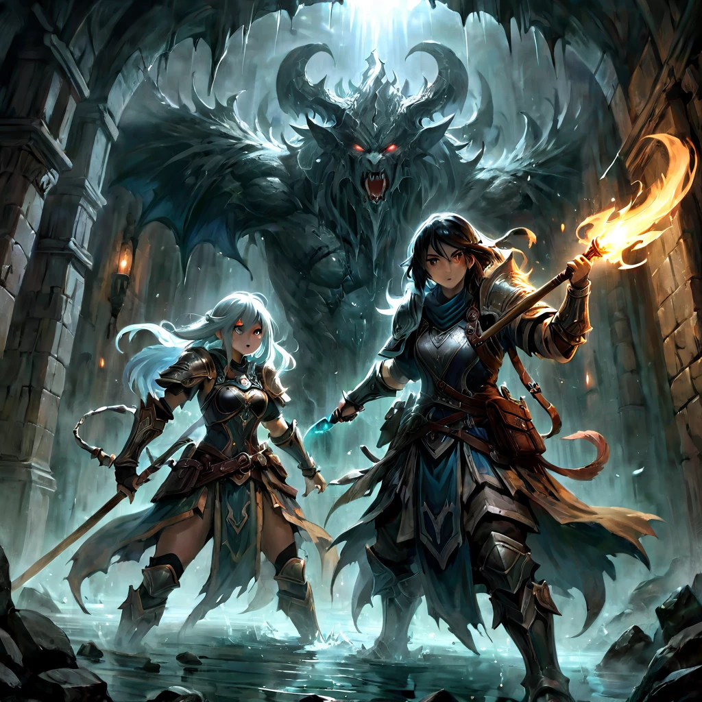 Dungeons & Dragons, aesthetic, dungeons and dragons, A group of adventurers exploring a mystical dungeon, illuminated by flickering torchlight, (dark and gloomy, mysterious ambiance). The walls are covered in intricate, ancient carvings, telling a story of long-lost civilizations. The air is thick with magical energy, shimmering and (mystical, enchanting). The adventurers wear (sturdy, battle-worn) armor, each carrying unique and powerful weapons. They cautiously proceed deeper into the dungeon, (with an air of determination, their hearts full of excitement and anticipation). Shadows dance and move in the corners, revealing lurking creatures hidden in the darkness. The sound of dripping water echoes through the cavern, adding to the eerie atmosphere. The adventurers face (ferocious, monstrous) creatures, engaging in intense battles filled with spells, slashing blades, and mighty blows. The scene is captured in a stunning (detailed, lifelike) painting, reminiscent of fantasy illustrations from role-playing games. The colors are rich and vibrant, portraying the vivid magic, the dark shadows, and the gleaming armor. The lighting is strategically placed, accentuating the highlights and creating a sense of depth. The overall quality of the artwork is (masterpiece:1.2), with incredible attention to detail, ensuring that every element is rendered with (realistic, photorealistic:1.37) precision.