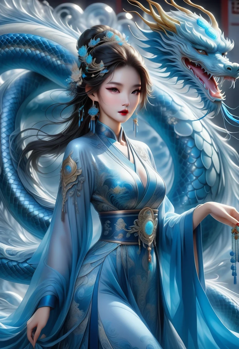 *8k masterpiece, top quality, best quality, official art, (Beauty and Aesthetics: 1.3), Very detailed, (fractal art: 1.3), rich and colorful, Ice and Chinese Dragon, Serpentine, nail, blue and 1 Woman, Han Chinese Women Media, hanfu, blue