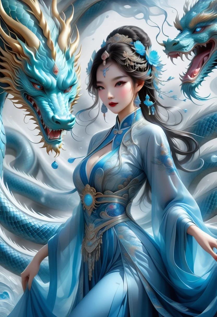 *8k masterpiece, top quality, best quality, official art, (Beauty and Aesthetics: 1.3), Very detailed, (fractal art: 1.3), rich and colorful, Ice and Chinese Dragon, Serpentine, nail, blue and 1 Woman, Han Chinese Women Media, hanfu, blue