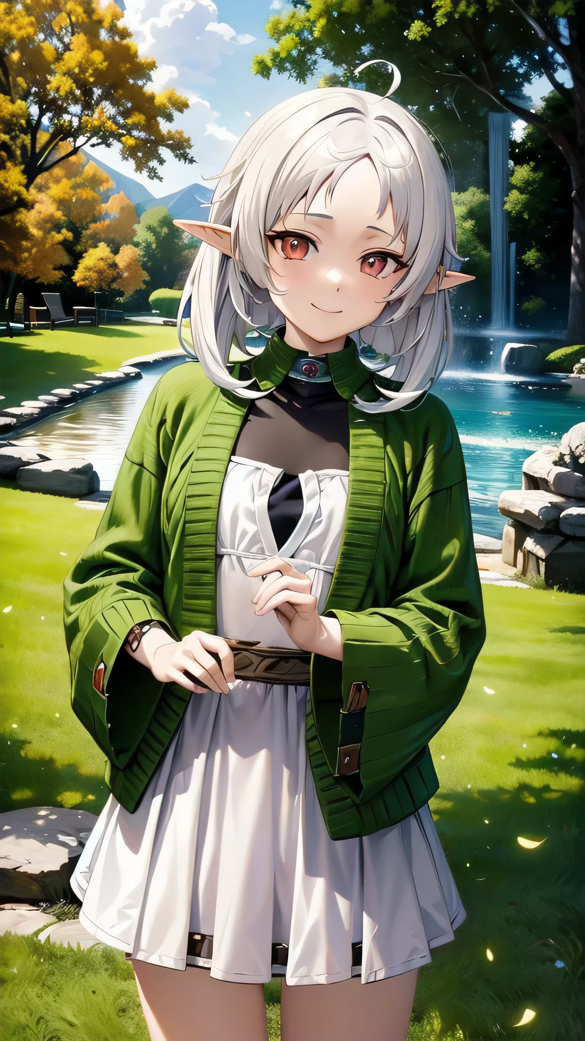 a cute character with a shy smile named Sylphie with elf-like ears and white short hair, the eyes are red colored with black pupils, with a soft cute smile. The character is wearing a white long-sleeve shirt and a brown skirt, she is inside a pool surrounded by nature, Mushoku Tensei. anime style masterpiece. Ultra HD. Super Details. Best Quality, detailed hand, detailed fingers,