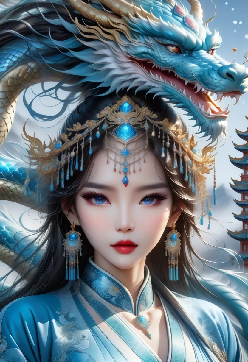 *8k masterpiece, top quality, best quality, official art, (Beauty and Aesthetics: 1.3), Very detailed, (fractal art: 1.3), rich and colorful, Ice and Chinese Dragon, Serpentine, nail, blue and 1 Woman, Han Chinese Women Media, hanfu, blue
