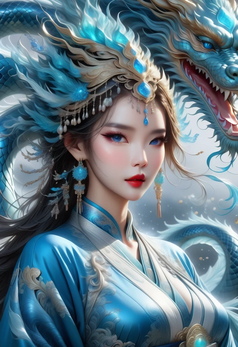 *8k masterpiece, top quality, best quality, official art, (Beauty and Aesthetics: 1.3), Very detailed, (fractal art: 1.3), rich and colorful, Ice and Chinese Dragon, Serpentine, nail, blue and 1 Woman, Han Chinese Women Media, hanfu, blue