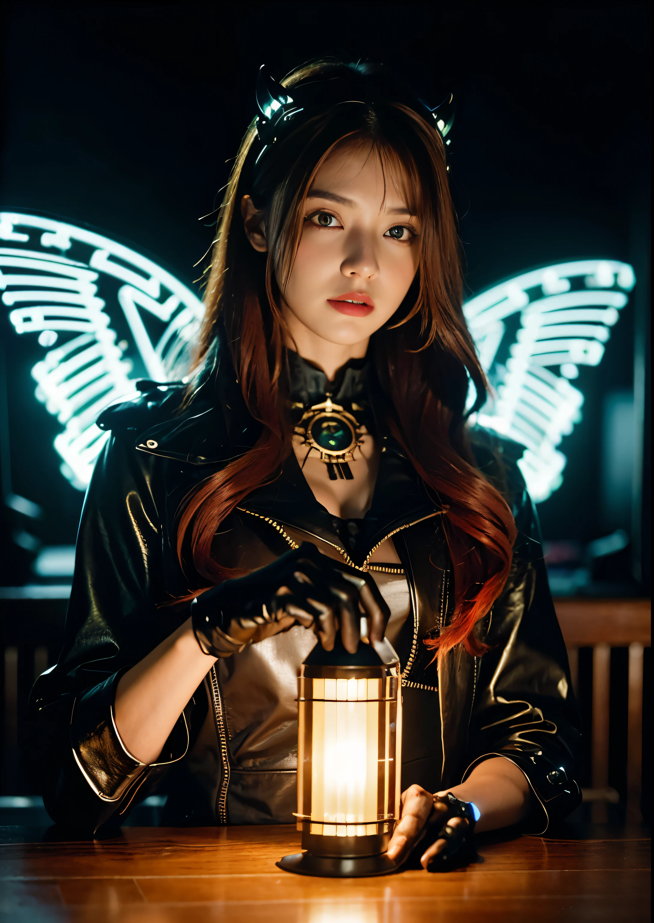 (top-quality:1.2, masterpiece)、ultra high resolution、extremely ultra surrealism, (Photorealsitic:1.4)、Raw photo、(Steampunk Battle Cyborg devil:1.2)、large wings made of metal、black porcelain body、red hair、glowy skin、1 Cyborg Girl、japanese, extremely cute face, ((super realistic details))、portlate、globalillumination、Shadow、octan render、8K、ultrasharp、character edge light、Details of complex ornaments、Acrylic Clear Cover、Sumerian details、Hydraulic cylinder、Small LED lamp、highly intricate detail、Realistic light、a purple eye、radiant eyes、Facing the camera、neon details、cowboy shot、Futuristic headgear、About Cyberpunk