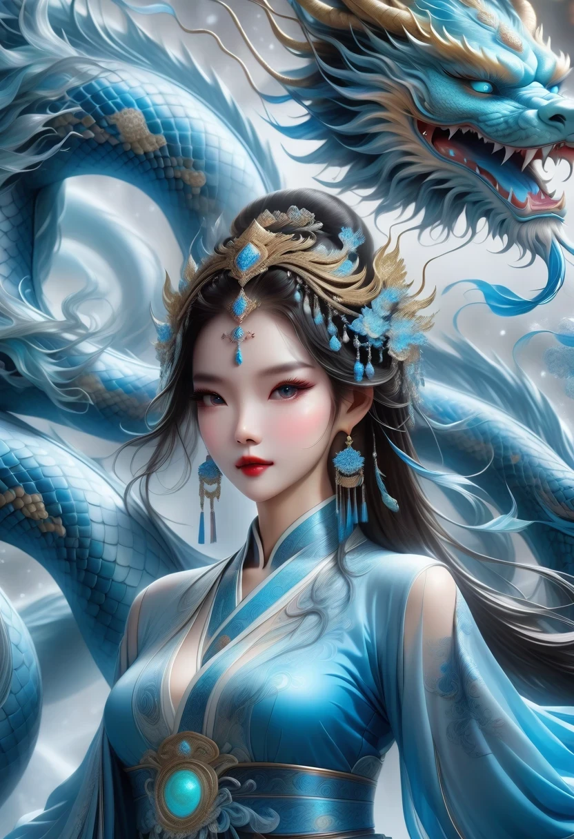 *8k masterpiece, top quality, best quality, official art, (Beauty and Aesthetics: 1.3), Very detailed, (fractal art: 1.3), rich and colorful, Ice and Chinese Dragon, Serpentine, nail, blue and 1 Woman, Han Chinese Women Media, hanfu, blue